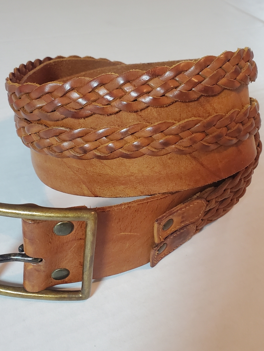 Linea Pelle Genuine Leather Women's Wide Braided Belt Boho Size Medium Brown